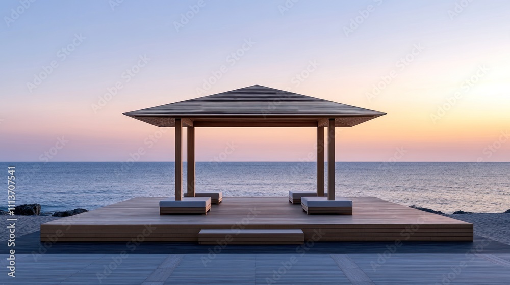 Wooden Gazebo Overlooking Serene Ocean Sunset