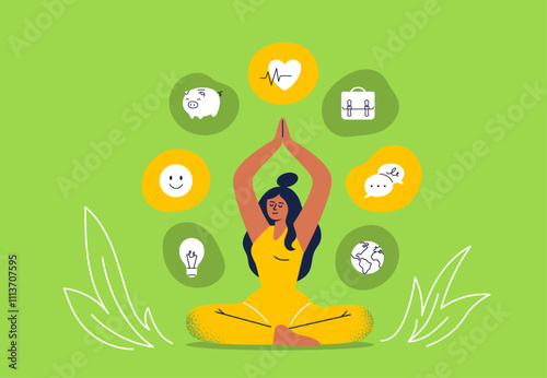A young woman sits in a calming pose. Balanced life concept. Flat vector illustration on a colorful background.