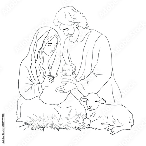 Vector freehand Christmas line art scene is an artistic depiction of the Nativity of Christ, including Mary, Joseph and the baby Jesus, highlighted on a white background. Hand drawn of linear style