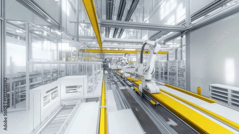 Modern automated factory assembly line with robotic arms and conveyor belts. Modern automated factory assembly line with robotic arms and conveyor belts.
