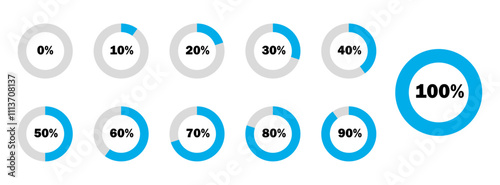 Circle percentage indicator vector icon set in blue and black color. Process bar. Download process from 0 to 100 percent vector illustration on white background.