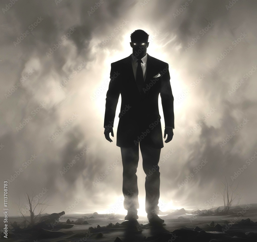 Illustration of man in suit silhouette with dramtaic background. Illustration of man in suit silhouette with dramtaic background.