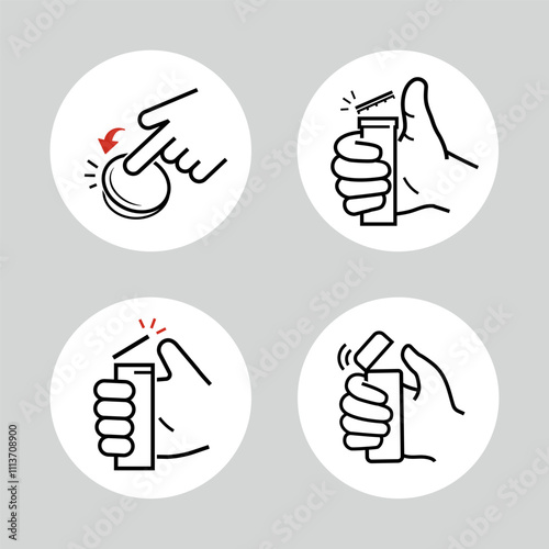 Icons set for instruction of opening child resistant cap of plastic pill bottle. The outline icons are well scalable and editable. Contrasting vector elements. EPS10.	