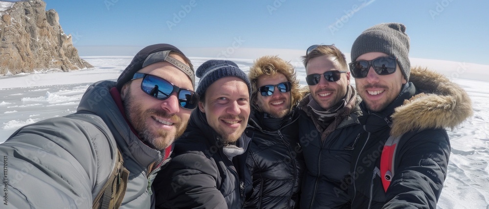 Five friends enjoying a sunny day on a frozen lake, dressed warmly in winter attire, smiling for a selfie against a picturesque snowy landscape. Five friends enjoying a sunny day on a frozen lake, dressed warmly in winter attire, smiling for a selfie against a picturesque snowy landscape.
