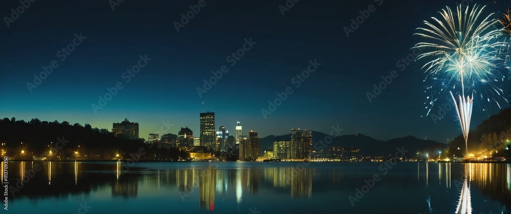 A beautiful firework reflection in a calm lake with distant city lights creating a serene New Years atmosphere A beautiful firework reflection in a calm lake with distant city lights creating a serene New Years atmosphere