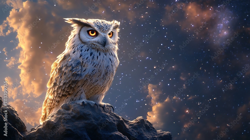 A fantastical griffin-owl blend with piercing eyes and a powerful lion's body, perched on a rocky cliff under a starry sky A fantastical griffin-owl blend with piercing eyes and a powerful lion's body, perched on a rocky cliff under a starry sky