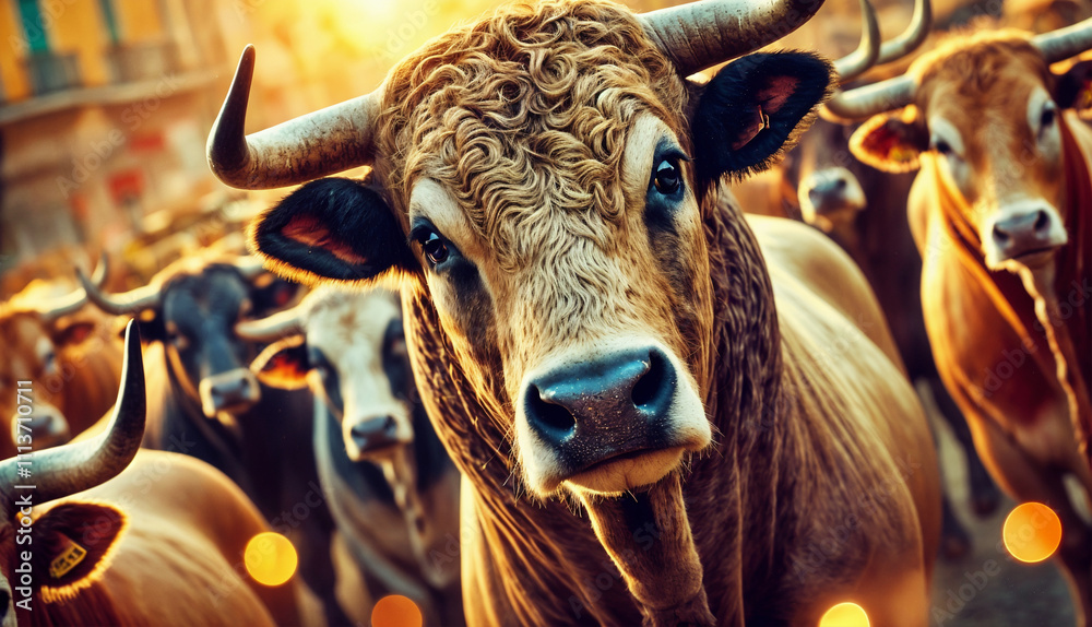 A group of cattle stands together under the golden hues of a sunset, evoking warmth and unity A group of cattle stands together under the golden hues of a sunset, evoking warmth and unity
