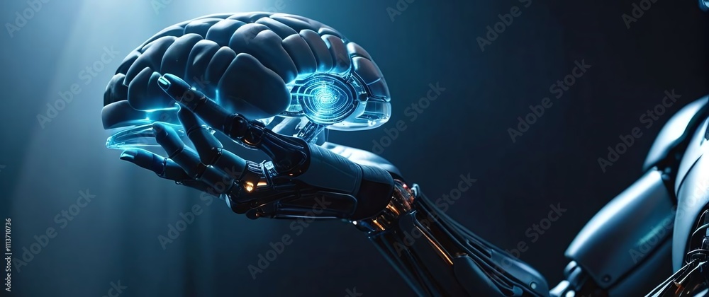 A futuristic robot hand holding a glowing holographic brain to represent AI and innovation A futuristic robot hand holding a glowing holographic brain to represent AI and innovation
