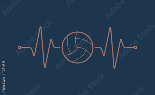 Vector design of pulse symbol of beating heart with Volleyball Ball. Isolated on blue background