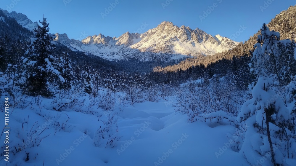 Snowy mountain valley at dawn. Frozen forest with high peaks. Winter wonderland scene. Snowy mountain valley at dawn. Frozen forest with high peaks. Winter wonderland scene.