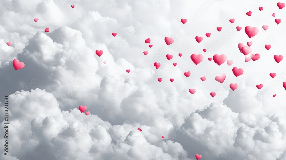 White fluffy cloud texture with pink and red hearts scattered for a dreamy Valentineas copy space design