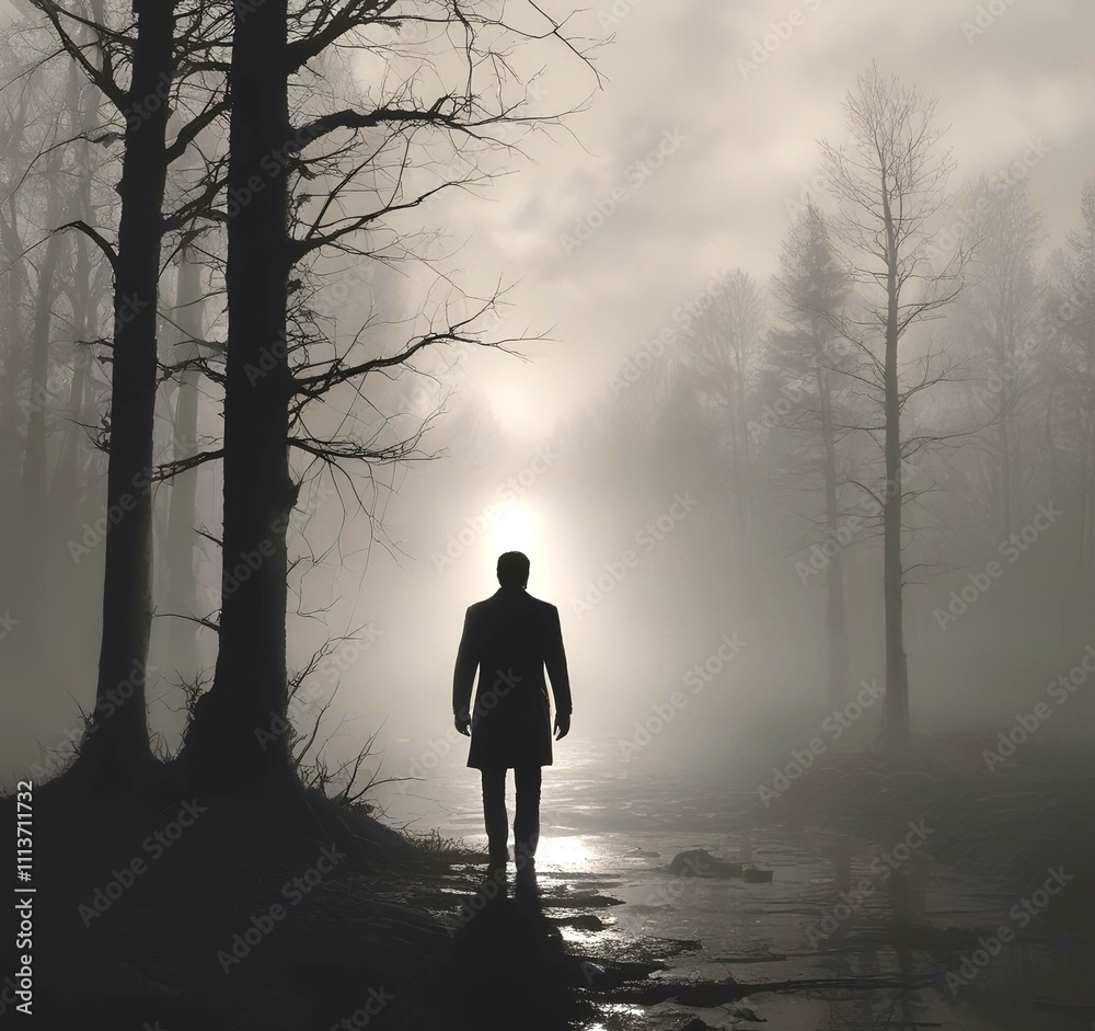 Illustration of man in suit silhouette with dramtaic background.
