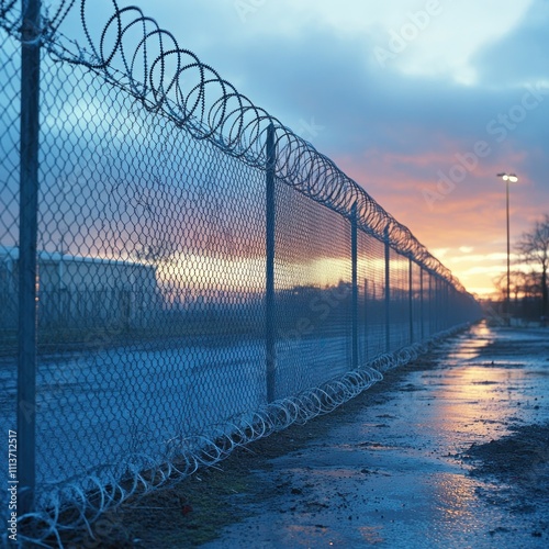 A chain-link fence with barbed wire at sunset, reflecting on a wet surface.