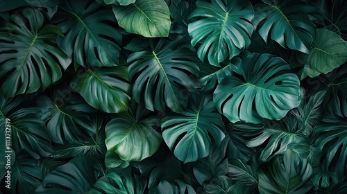 Close-up of vibrant green tropical leaves creating a lush and serene atmosphere.