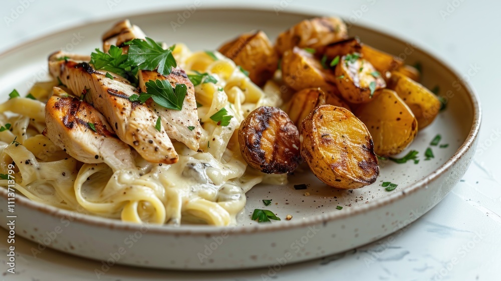 A plate of fettuccine Alfredo with grilled chicken and roasted potatoes, garnished with parsley. A plate of fettuccine Alfredo with grilled chicken and roasted potatoes, garnished with parsley.