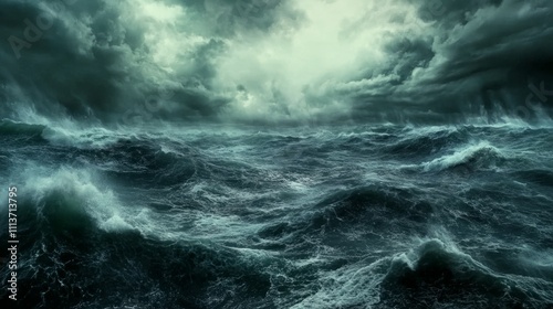 Stormy ocean waves crashing against dark clouds.