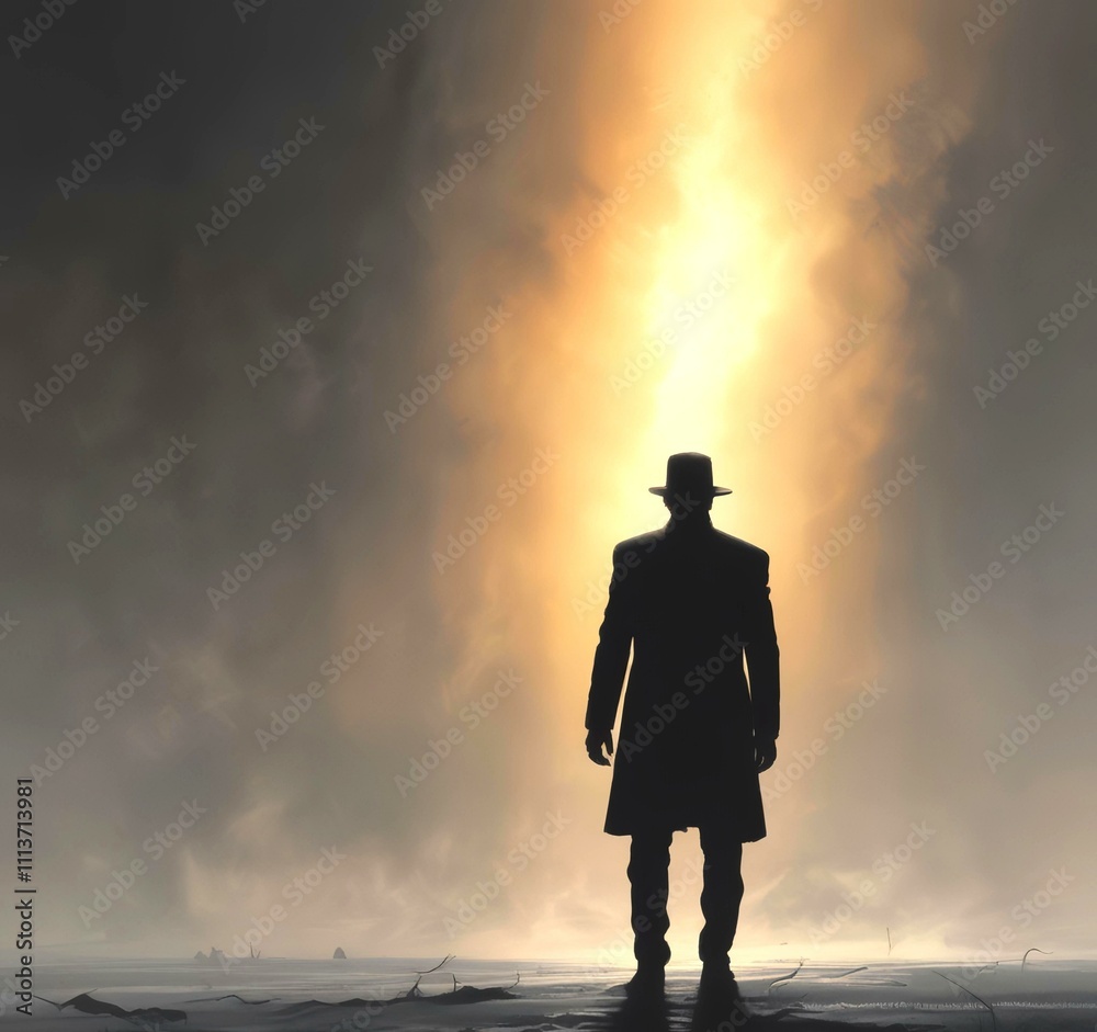 Illustration of man in suit silhouette with dramtaic background. Illustration of man in suit silhouette with dramtaic background.