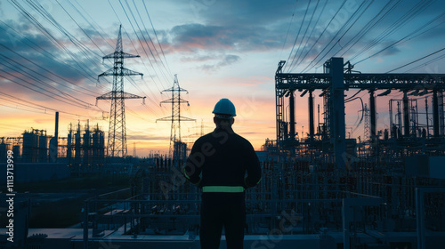 Engineer overlooking an electrical power station at sunset