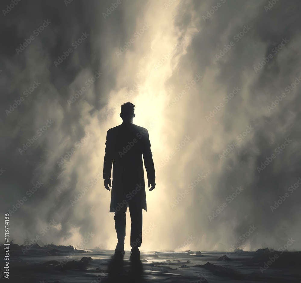 Illustration of man in suit silhouette with dramtaic background. Illustration of man in suit silhouette with dramtaic background.