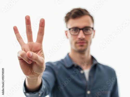 Young Man Showing Three Fingers in a Casual Setting With a Neutral Background During Daylight Hours
