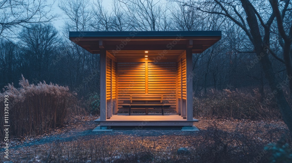 Illuminated Wooden Gazebo with Bench in Winter Woods Illuminated Wooden Gazebo with Bench in Winter Woods