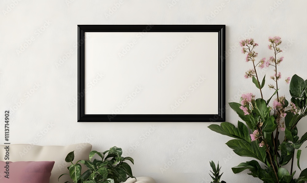 Fototapeta premium Horizontal picture frame mockup on white wall, Generative AI 