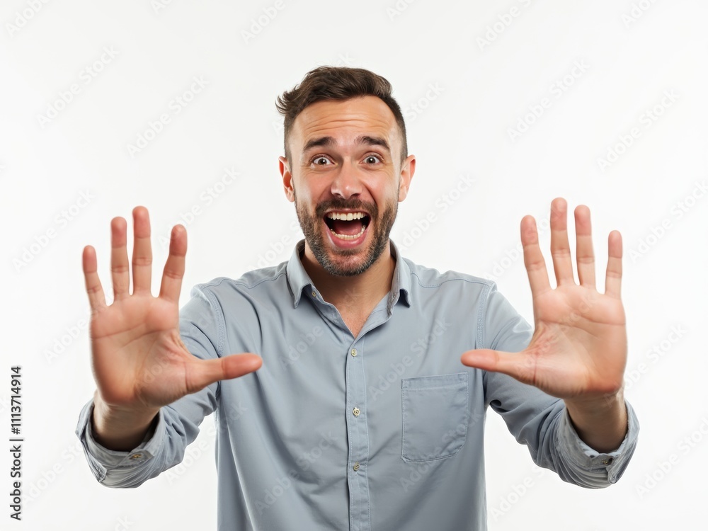 A Man Expresses Excitement and Surprise With Raised Hands While Smiling in a Bright Studio Setting A Man Expresses Excitement and Surprise With Raised Hands While Smiling in a Bright Studio Setting