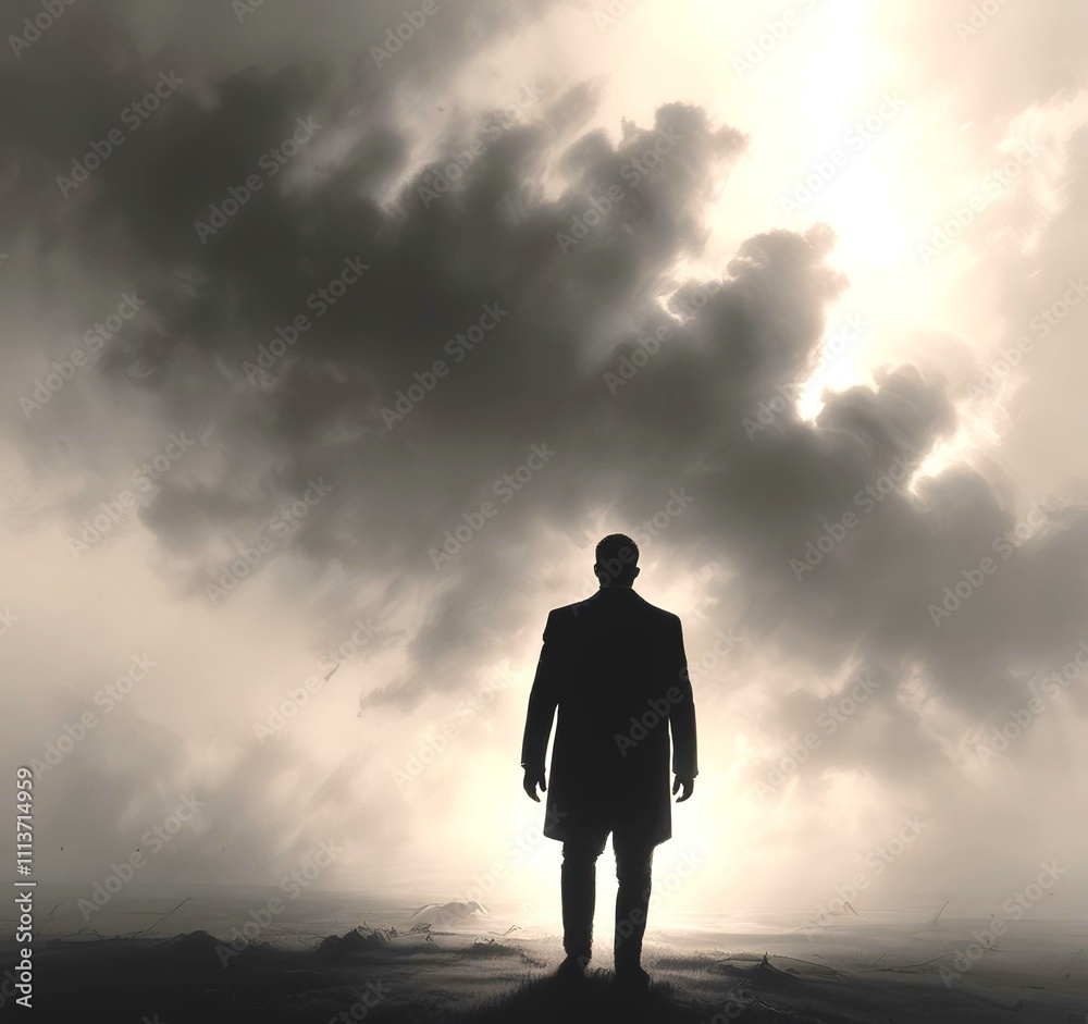 Illustration of man in suit silhouette with dramtaic background. Illustration of man in suit silhouette with dramtaic background.