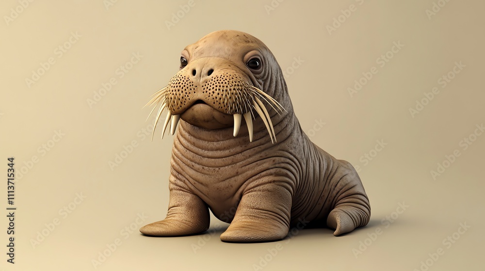 A 3D render of a baby walrus sitting on a light brown background. A 3D render of a baby walrus sitting on a light brown background.