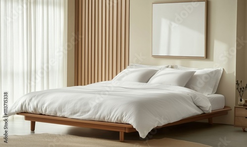Modern minimalist bedroom with wooden bed, white bedding, natural light, and neutral tones