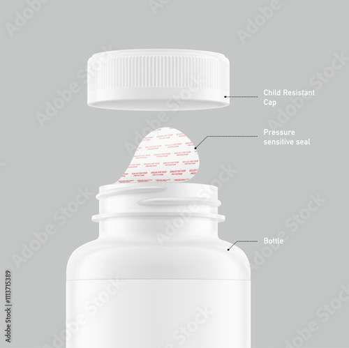 Plastic packer pill bottle mockup with child resistant cap and pressure sensitive seal for treats, vitamins, supplements isolated on grey background. Vector illustration ready for your design. EPS10.