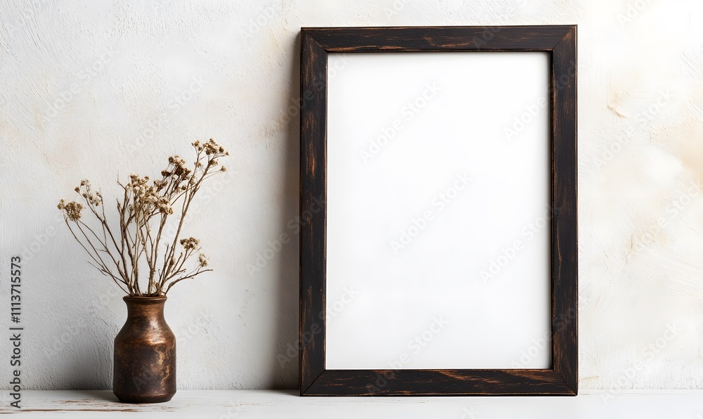 Horizontal picture frame mockup on white wall, Generative AI Horizontal picture frame mockup on white wall, Generative AI