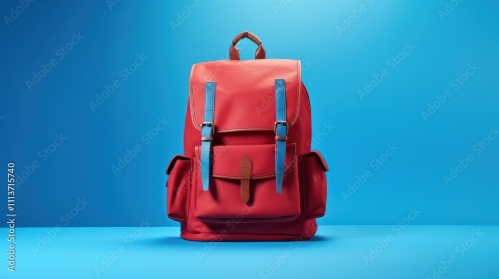 Red Backpack on Blue Background Red Backpack on Blue Background