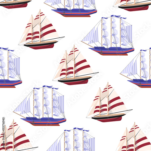 Seamless pattern of ships with sails on a white background.Vector pattern for textiles,screensavers,and summer designs.