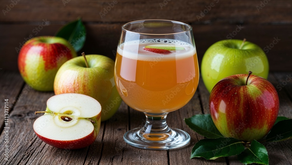 Ripe, red apples and a glass of sweet, golden apple juice, a healthy and refreshing beverage Ripe, red apples and a glass of sweet, golden apple juice, a healthy and refreshing beverage