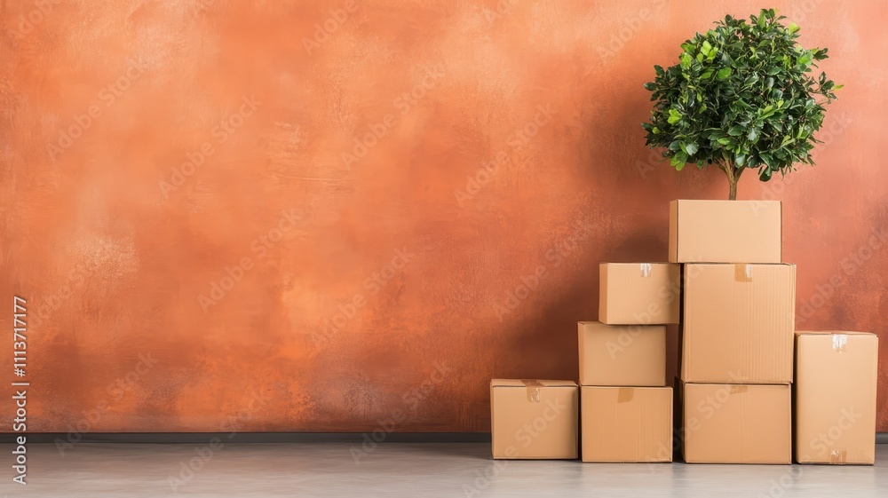 Neatly stacked cardboard boxes beside miniature tree in modern space minimalist design indoor environment Neatly stacked cardboard boxes beside miniature tree in modern space minimalist design indoor environment