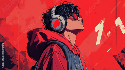 Wallpaper Mural Anime boy wearing headphones listening to music, Manga style cartoon drawing Torontodigital.ca