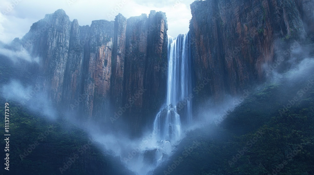 Fototapeta premium Angel Falls: A Majestic Waterfall Cascading Down Steep Cliffs
