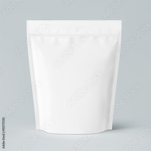 Realistic stand up pouch bag with zip lock mockup with transparent shadow. Front view. Vector illustration isolated on grey background. Ready for your design. EPS10.
