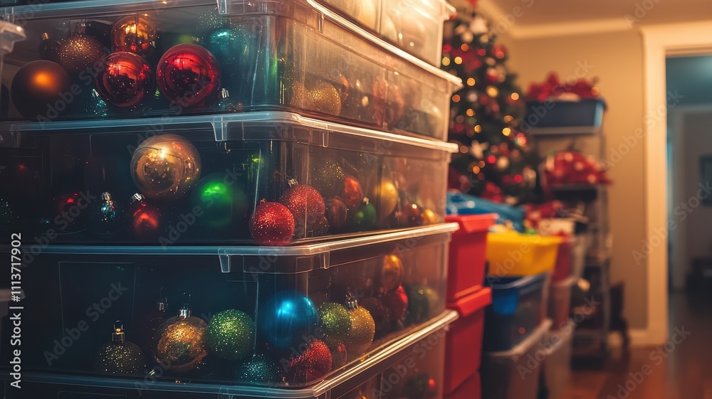 Holiday decor organization home storage room clear bins with ornaments soft lighting close-up view festive concept