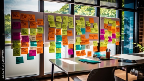 Colorful sticky note board filled with startup strategy diagrams and sketches in a contemporary well organized office setting showcasing a collaborative team s creative planning process photo