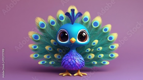 A cartoon peacock with big eyes and colorful tail feathers against a purple background. photo