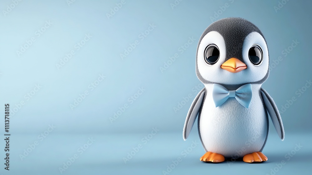A cartoon penguin wearing a blue bow tie stands against a blue background. A cartoon penguin wearing a blue bow tie stands against a blue background.