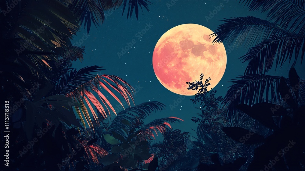 Pink Supermoon Rising Over Tropical Palm Trees at Night Pink Supermoon Rising Over Tropical Palm Trees at Night