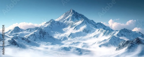 Majestic snow-covered mountain peak under clear blue sky high above winter landscape