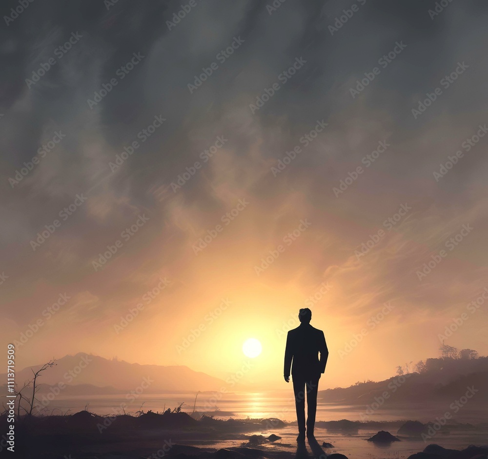 Illustration of man in suit silhouette with dramtaic background. Illustration of man in suit silhouette with dramtaic background.