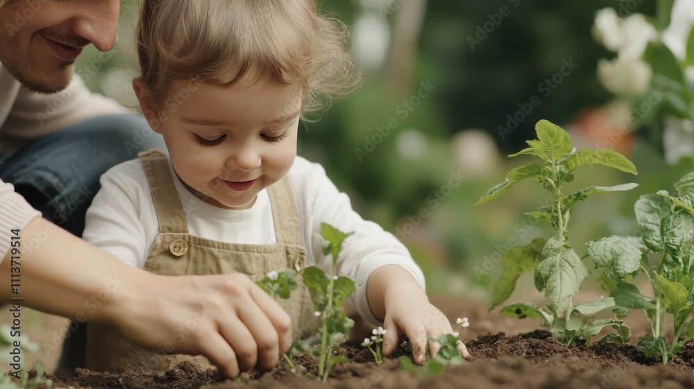 A joyful child plants seeds in a garden with a helping hand, showcasing a heartwarming moment of family bonding and nurturing nature. A joyful child plants seeds in a garden with a helping hand, showcasing a heartwarming moment of family bonding and nurturing nature.