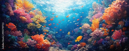 Colorful Underwater Scene with Tropical Fish and Coral Reefs in Bright Sunlight photo