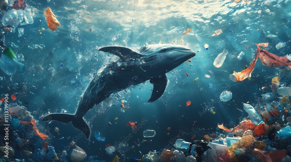 Fototapeta premium Dolphin in Plastic Ocean: A Cry for Help