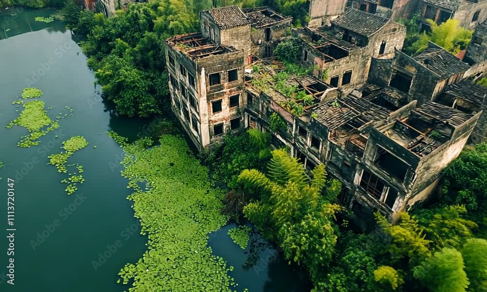Aerial view of overgrown, abandoned buildings beside a tranquil green river. Aerial view of overgrown, abandoned buildings beside a tranquil green river.